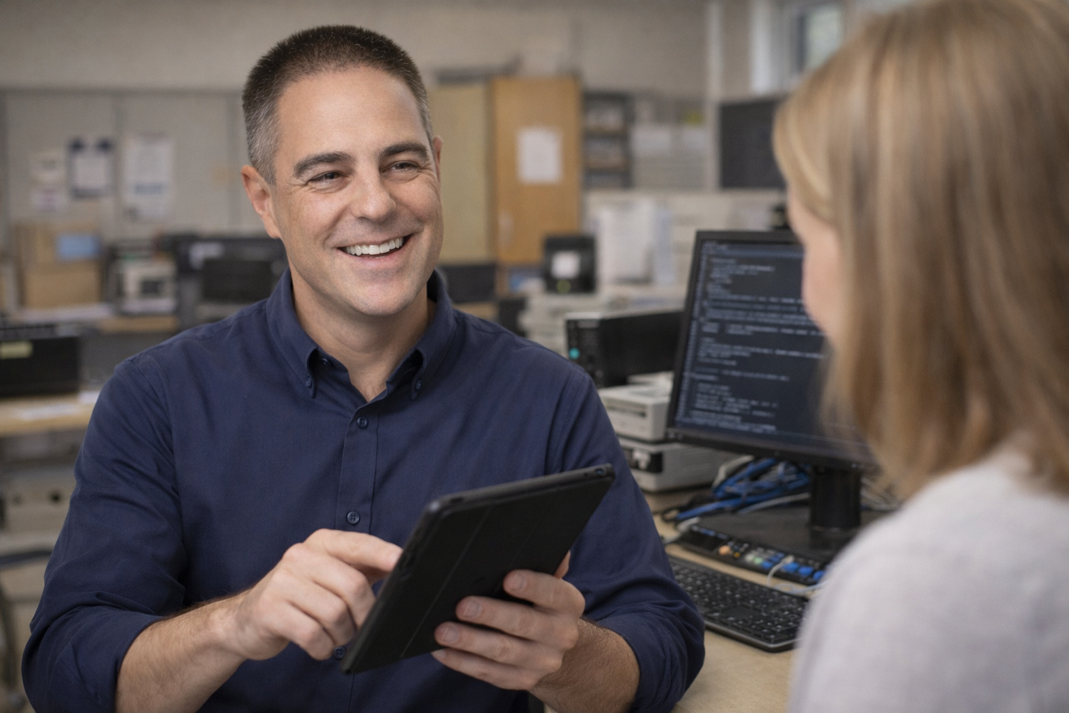Mark consulting with a client about their technology needs